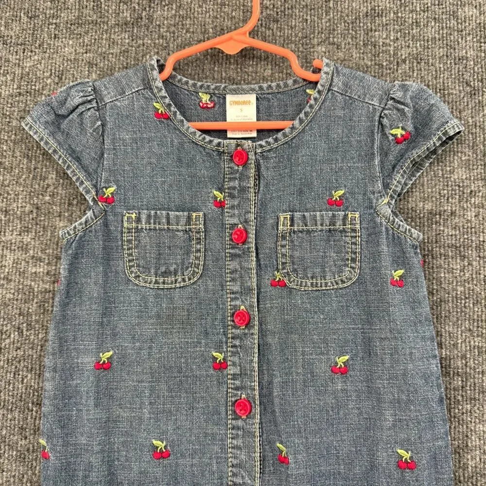 Gymboree Girls Denim Cherry Embroidered Tiered Ruffle Dress Sz 5 Drop Waist 2011